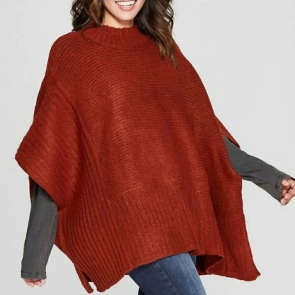 EUC Universal Threads Pumpkin Orange Ribbed Knit Wool Blend Poncho Sweat (OSFM)